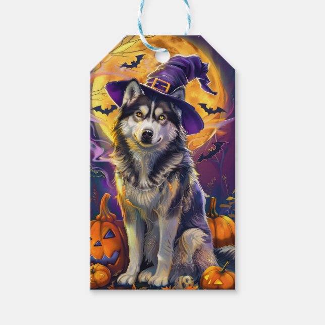 Étiquettes-cadeau Éffrayant Sibérie Husky Chien Halloween Citrouille (Devant)