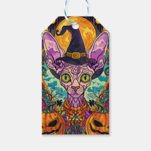Étiquettes-cadeau Éffrayant Sphynx Chat Halloween sorcière et Citrou