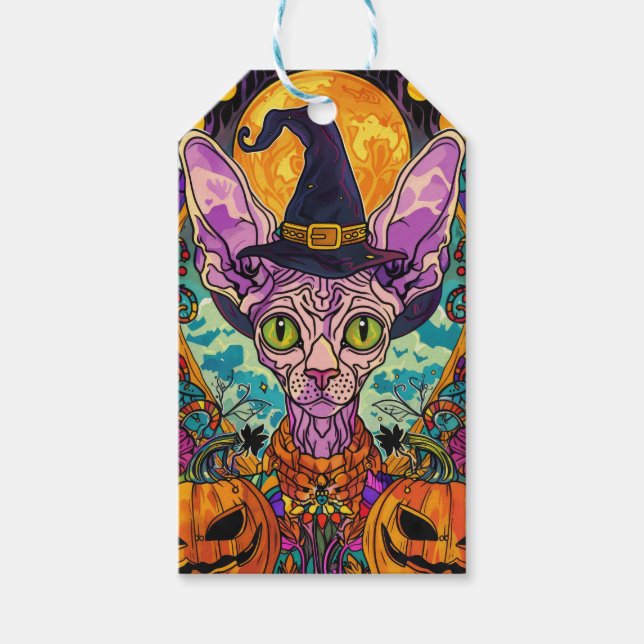 Étiquettes-cadeau Éffrayant Sphynx Chat Halloween sorcière et Citrou (Devant)