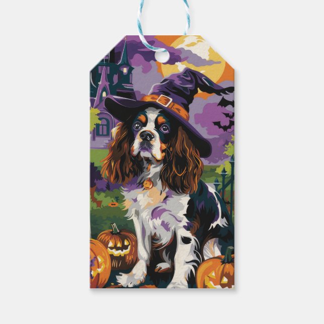 Étiquettes-cadeau Éffrayant Springer Spaniel Halloween Witch Citroui (Devant)