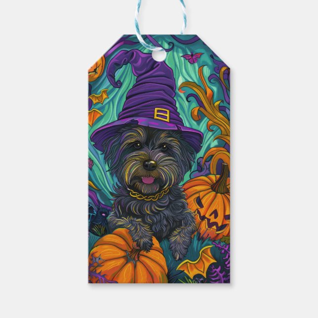 Étiquettes-cadeau Éffrayant Tibétain Terrier Chien Halloween Citroui (Devant)