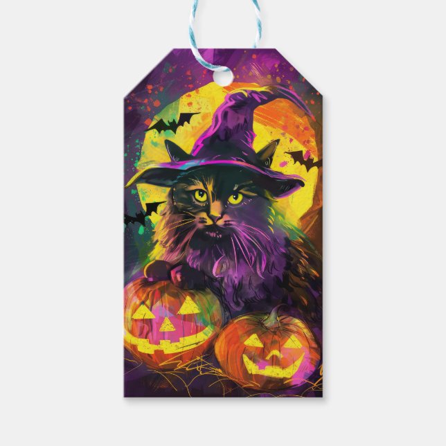 Étiquettes-cadeau Éffrayant Turc Angora Chat Halloween Citrouille so (Devant)