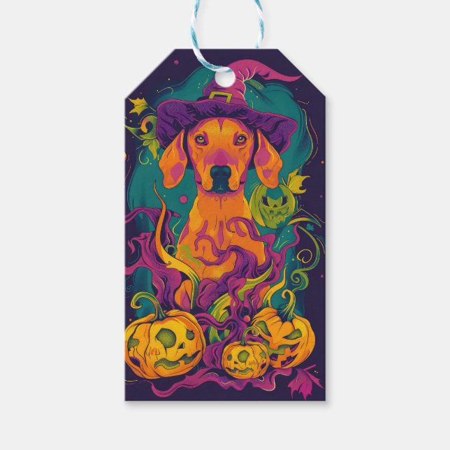 Étiquettes-cadeau Éffrayant Vizsla Chien Halloween sorcière et Citro (Devant)