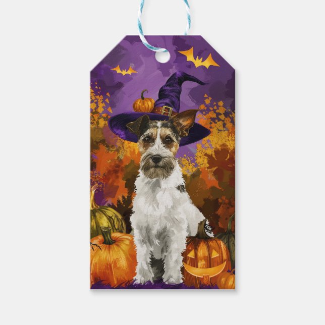 Étiquettes-cadeau Éffrayant Wirefox Terrier Chien Halloween Citrouil (Devant)