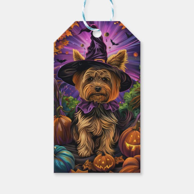 Étiquettes-cadeau Éffrayant Yorkipoo Chien Halloween sorcière et Cit (Devant)