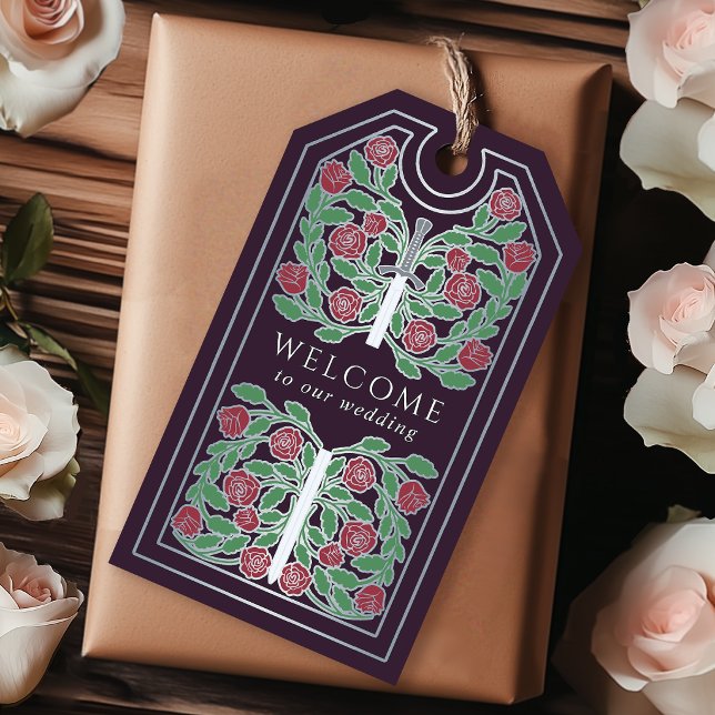 Étiquettes-cadeau Eggplant Medieval Silver Sword Wedding Welcome (Créateur téléchargé)