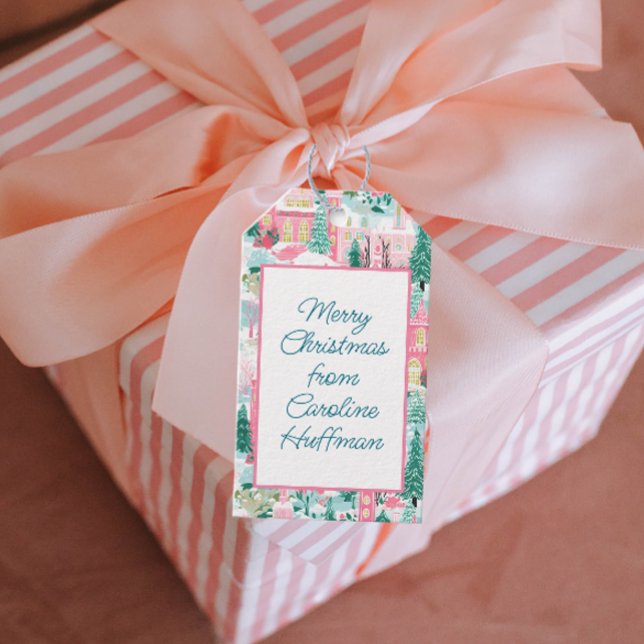 Étiquettes-cadeau Eglises en pain d'épices rose Noël personnalisé (Créateur téléchargé)