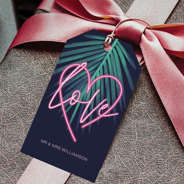 Étiquettes-cadeau Electric Love Neon Pink Heart & Tropical Palm Leaf (Créateur téléchargé)