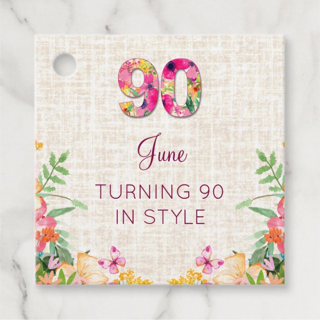 Étiquettes Cadeau Élégant 90e anniversaire pour elle - Style floral (Devant)