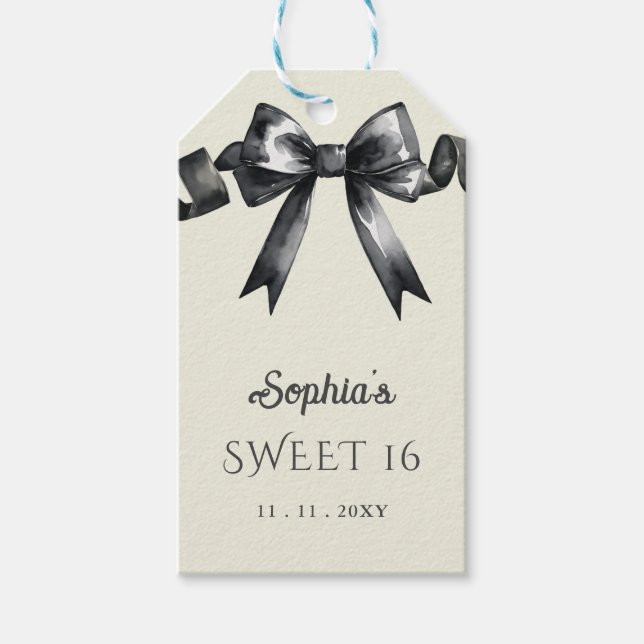 Étiquettes-cadeau Elégant Aquarelle Coquette Black Bow Sweet 16 (Devant)