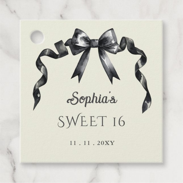 Étiquettes Cadeau Elégant Aquarelle Coquette Black Bow Sweet 16 (Devant)