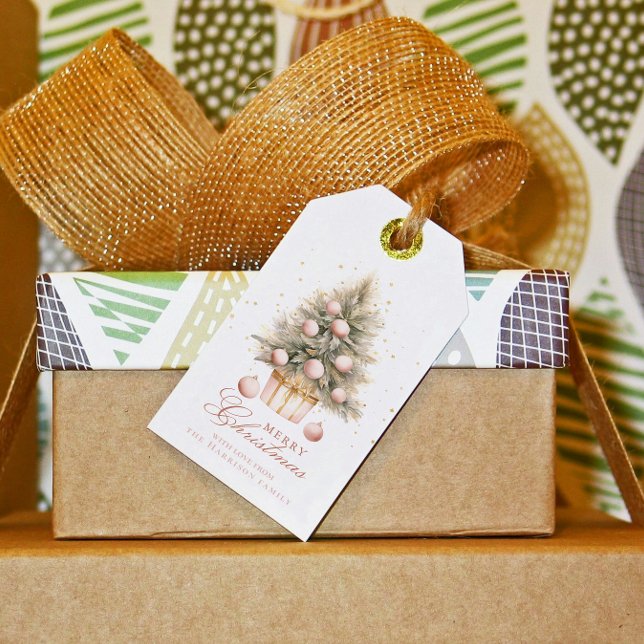 Étiquettes-cadeau Elégant Aquarelle rose doux Joyeux Arbre de Noël (Créateur téléchargé)