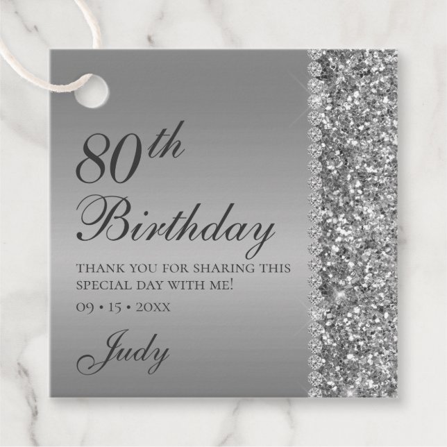 Étiquettes Cadeau Elégant Argent 80e anniversaire Merci (Devant)