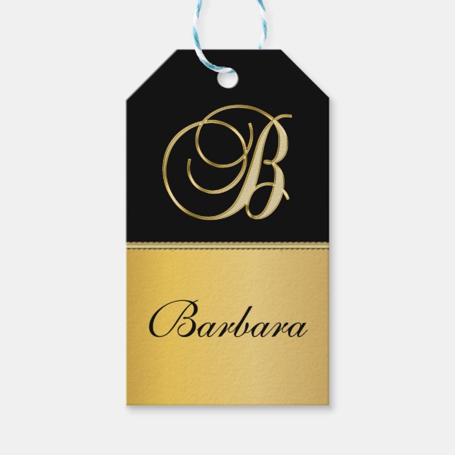 Étiquettes-cadeau Élégant "B" Monogramme Nom personnalisé Black Gold (Devant)