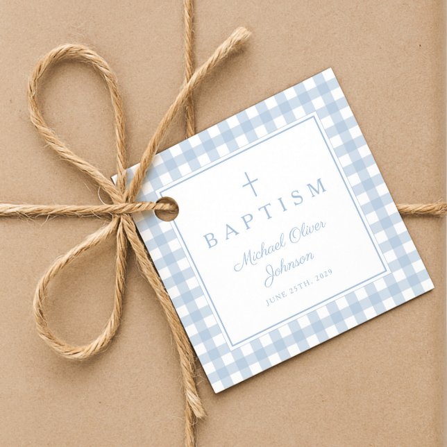 Étiquettes Cadeau Elegant Baby Blue Gingham Boy Baptism Thank You  (Elegant Baby Blue Gingham Boy Baptism Thank You Favor Tags)