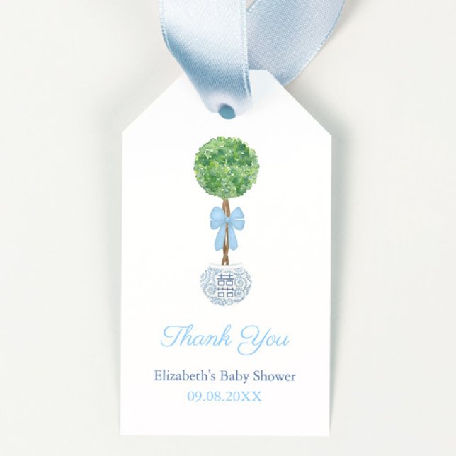 Étiquettes-cadeau Elégant Baby shower de garçon Topiary (Darling boxwood topiary in ginger jar planter tied with pale blue bow boy baby shower favor tags)