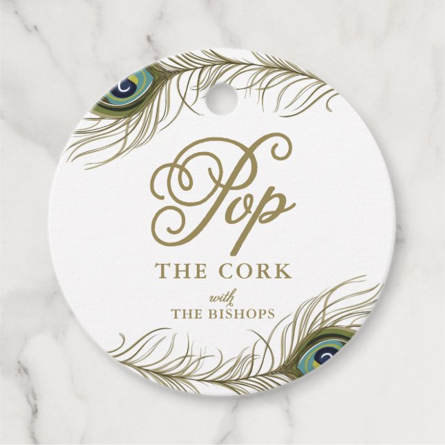 Étiquettes Cadeau Elégant Baby shower de plumes de paon Champagne (Devant)
