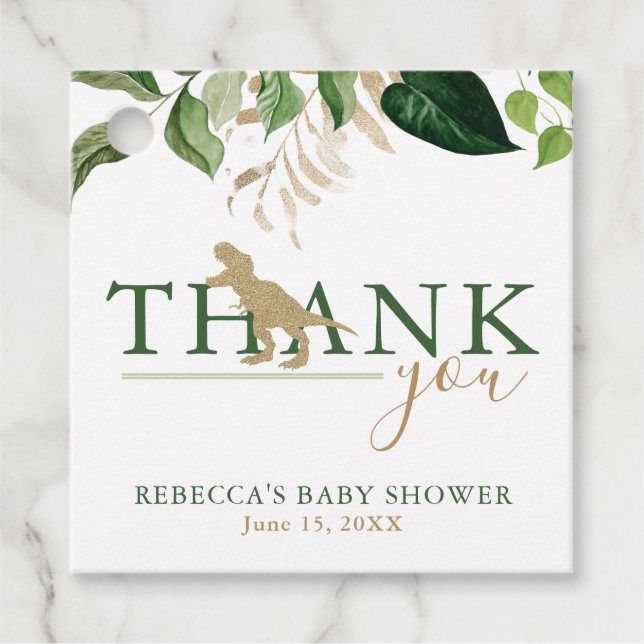 Étiquettes Cadeau Elégant Baby shower Dinosaur Vert et Or (Devant)