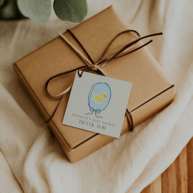 Étiquettes Cadeau Élégant Baby shower en caoutchouc Ducky (Hand-drawn rubber ducky in a light blue frame tied in a bow cute meets elegant baby shower favor tag)