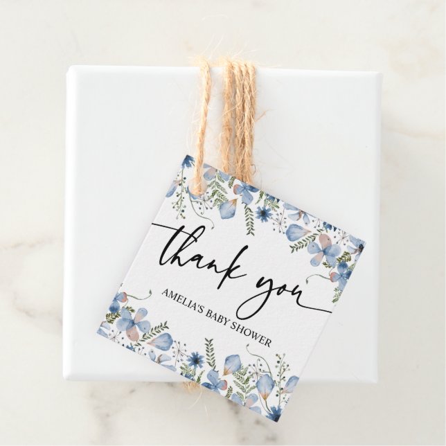 Étiquettes Cadeau Élégant Baby shower Fleur sauvage Bleu Favoriser l (En situation)
