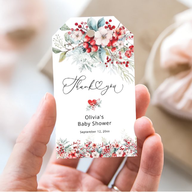 Étiquettes-cadeau Élégant Baby shower Floral d'hiver Merci (Créateur téléchargé)