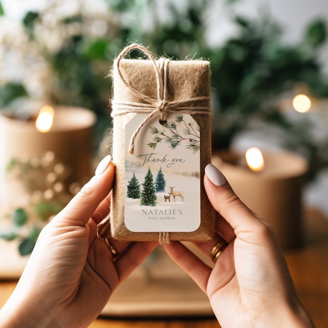 Étiquettes-cadeau Élégant Baby shower forestier hivernal (Winter Woodland Baby Shower Thank you Favor Tag)