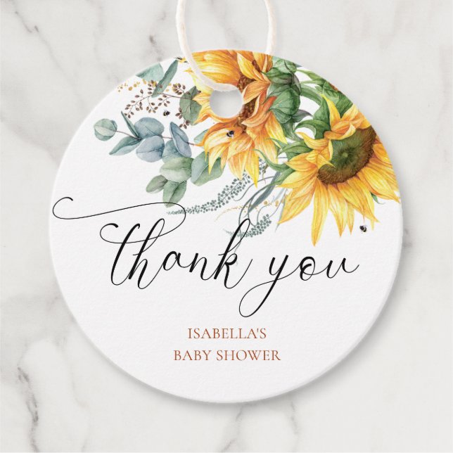 Étiquettes Cadeau Élégant Baby shower rustique de tournesol (Devant)