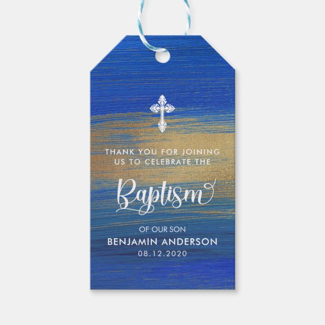 Étiquettes-cadeau Élégant Baptême Bleu Et Or Boy Merci (Devant)