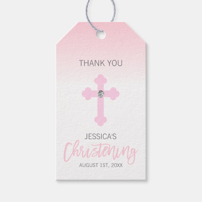 Étiquettes-cadeau Élégant bébé rose MERCI Christening Girl (Devant)