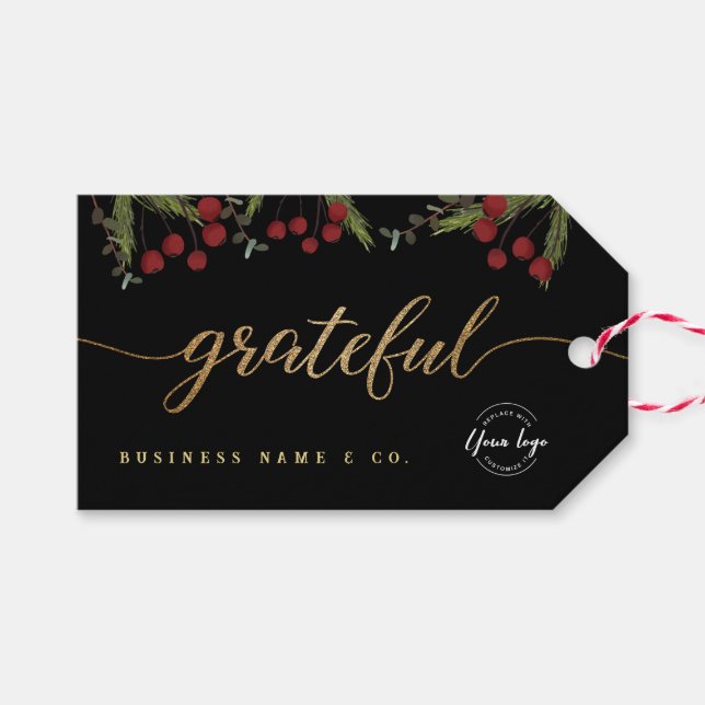 Étiquettes-cadeau Elegant Black Botanical “Grateful” Holiday Custom  (Devant (Horizontal))