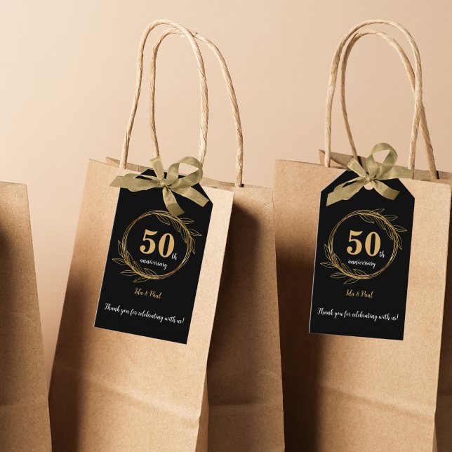 Étiquettes-cadeau Elégant Black Gold Leaf 50e anniversaire Mariage (Elegant Black Gold Leaf 50th Wedding Anniversary Gift Tags)