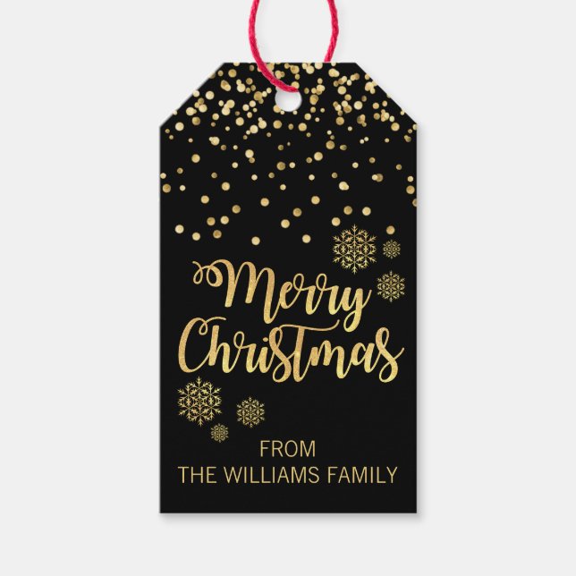Étiquettes-cadeau Élégant Black Gold Snowflakes Joyeux Noël (Devant)