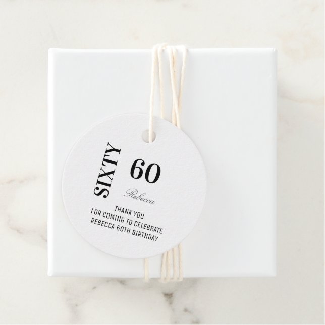 Étiquettes Cadeau Elegant Black White Script 60 Birthday Thank You   (En situation)