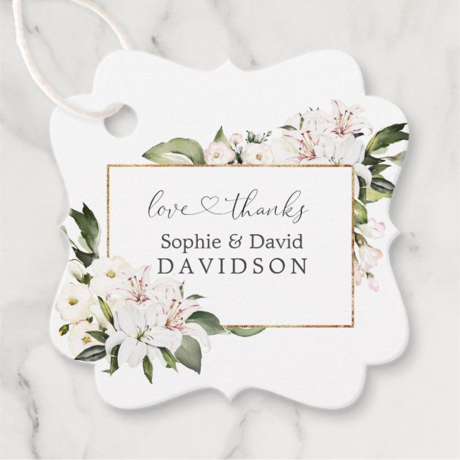 Étiquettes Cadeau Élégant Blanc Imperial Lys Mariage Or (Devant)