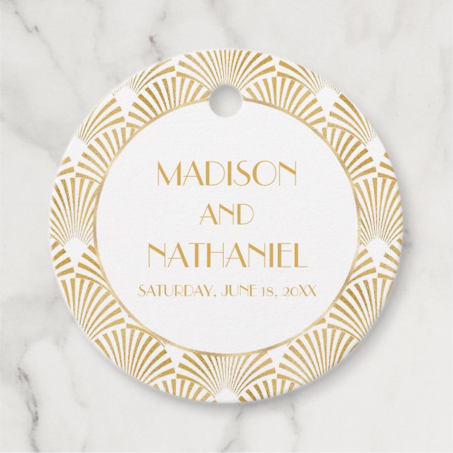 Étiquettes Cadeau Elégant Blanc Or Géométrique Mariage Art Déco (Devant)