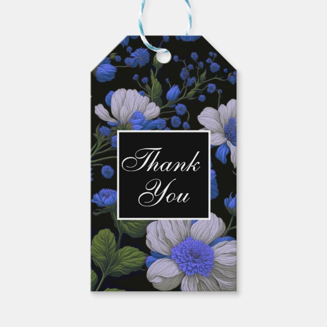 Étiquettes-cadeau Elégant bleu argenté blanc élégant floral rétro (Devant)