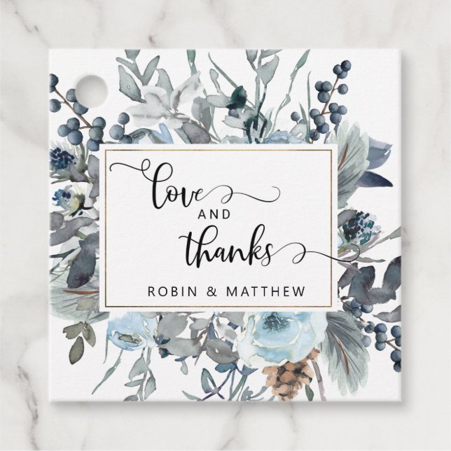 Étiquettes Cadeau Elégant bleu Floral Amour et Merci mariage Favor (Devant)