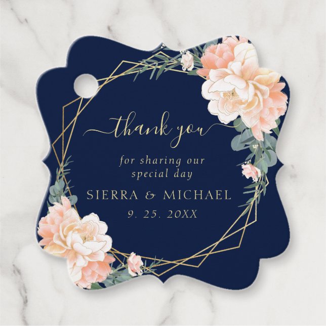 Étiquettes Cadeau Elégant bleu marine bleu or bracelet Mariage flora (Devant)