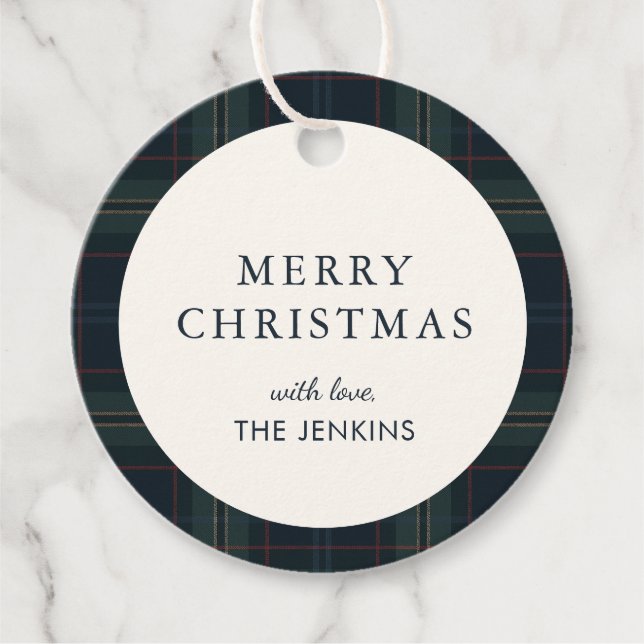Étiquettes Cadeau Elégant bleu marine et vert Plaid Noël (Devant)