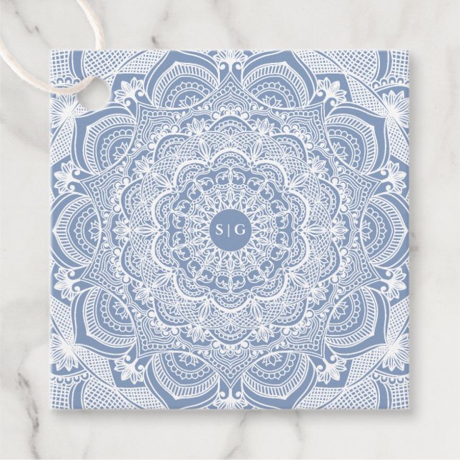 Étiquettes Cadeau Elégant bleu poussiéreux en dentelle blanche class (Devant)