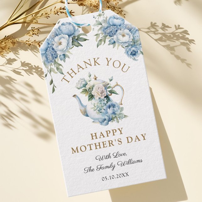 Étiquettes-cadeau Elegant Blue Floral Teapot Mother's Day Thank you (Elegant Blue Floral Teapot Mother's Day Thank you Gift Tag)