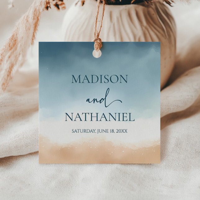 Étiquettes Cadeau Elégant Blue Ocean Beach Mariage de sable (Créateur téléchargé)