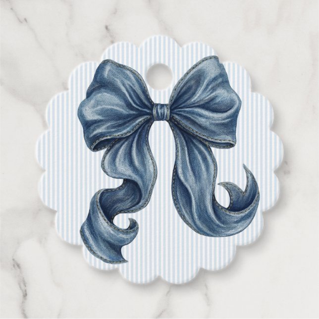 Étiquettes Cadeau Elegant Blue Striped Bow Baby Shower (Devant)