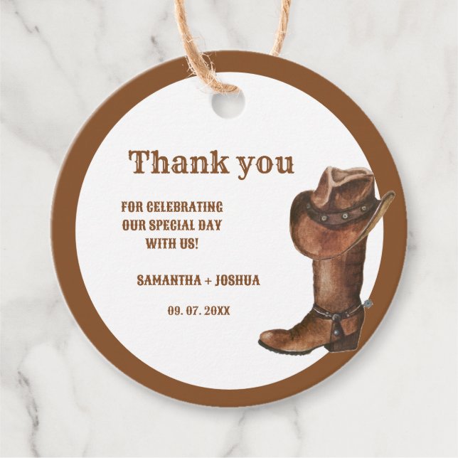 Étiquettes Cadeau Elégant Boho Western Cowboy Mariage Merci (Devant)