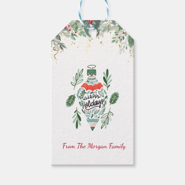 Étiquettes-cadeau Élégant, Boule de Noël, Branches de pins, Confetti (Devant)