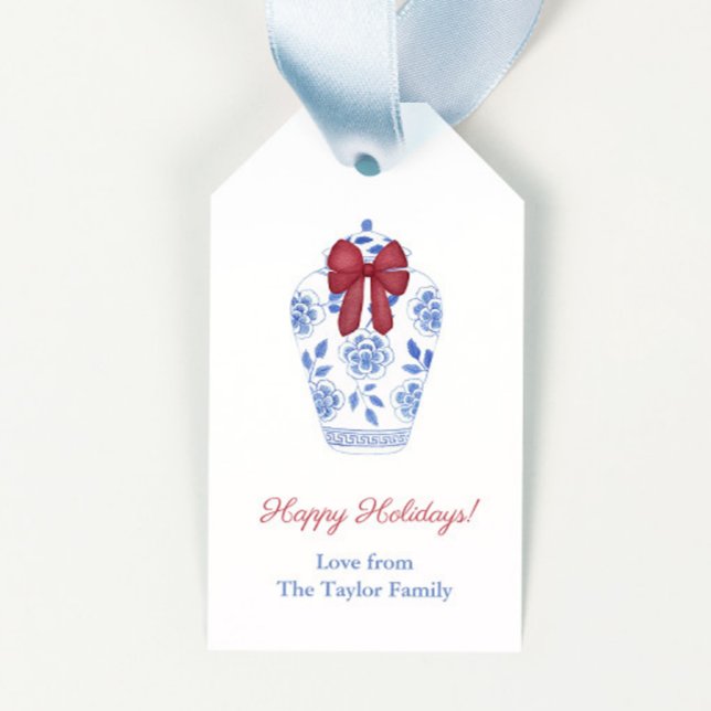 Étiquettes-cadeau Elégant Bow Rouge Sur Ginger Jar Joyeuses Vacances (Blue and white chinoiserie jar with red bow merry christmas gift tags)