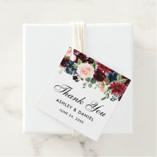 Étiquettes Cadeau Elégant Burgundy Blue Floral Mariage Merci