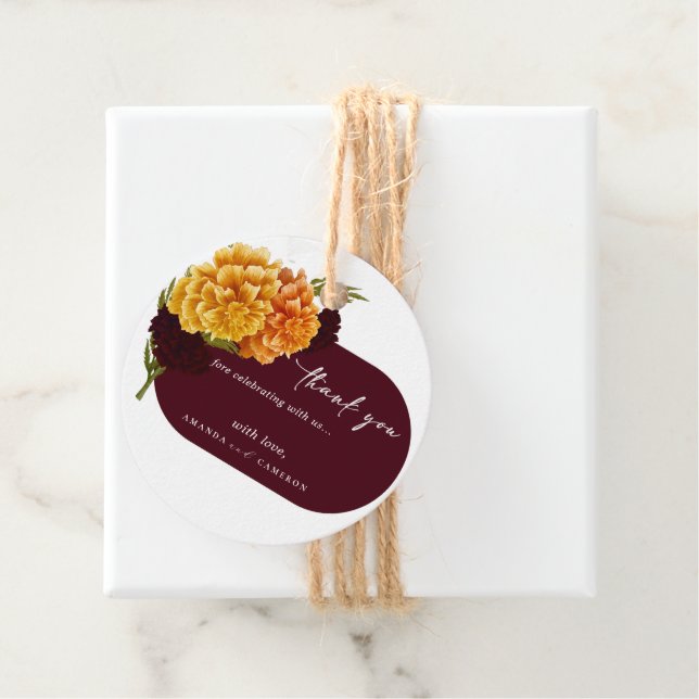 Étiquettes Cadeau Elegant Burgundy Red "MARIGOLD" Wedding Thank You  (En situation)