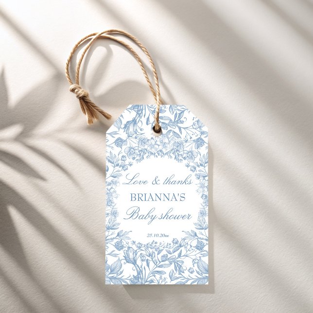 Étiquettes-cadeau Élégant cadeau de baby shower bleu toile française (Elegant French toile dusty blue boy baby shower favor Gift Tags personalized favor tags botanical)