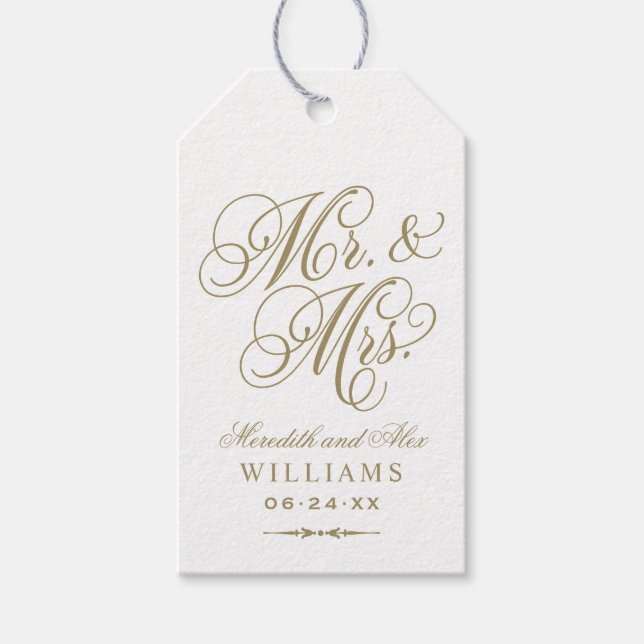 Étiquettes-cadeau Élégant Cadeau de Mariage Script Mr et Mrs Or (Devant)